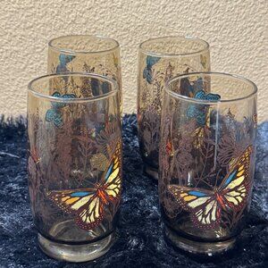 Vintage Libbey Smokey Brown Butterfly Tumbler Drinking Glasses Set Of 4 70's